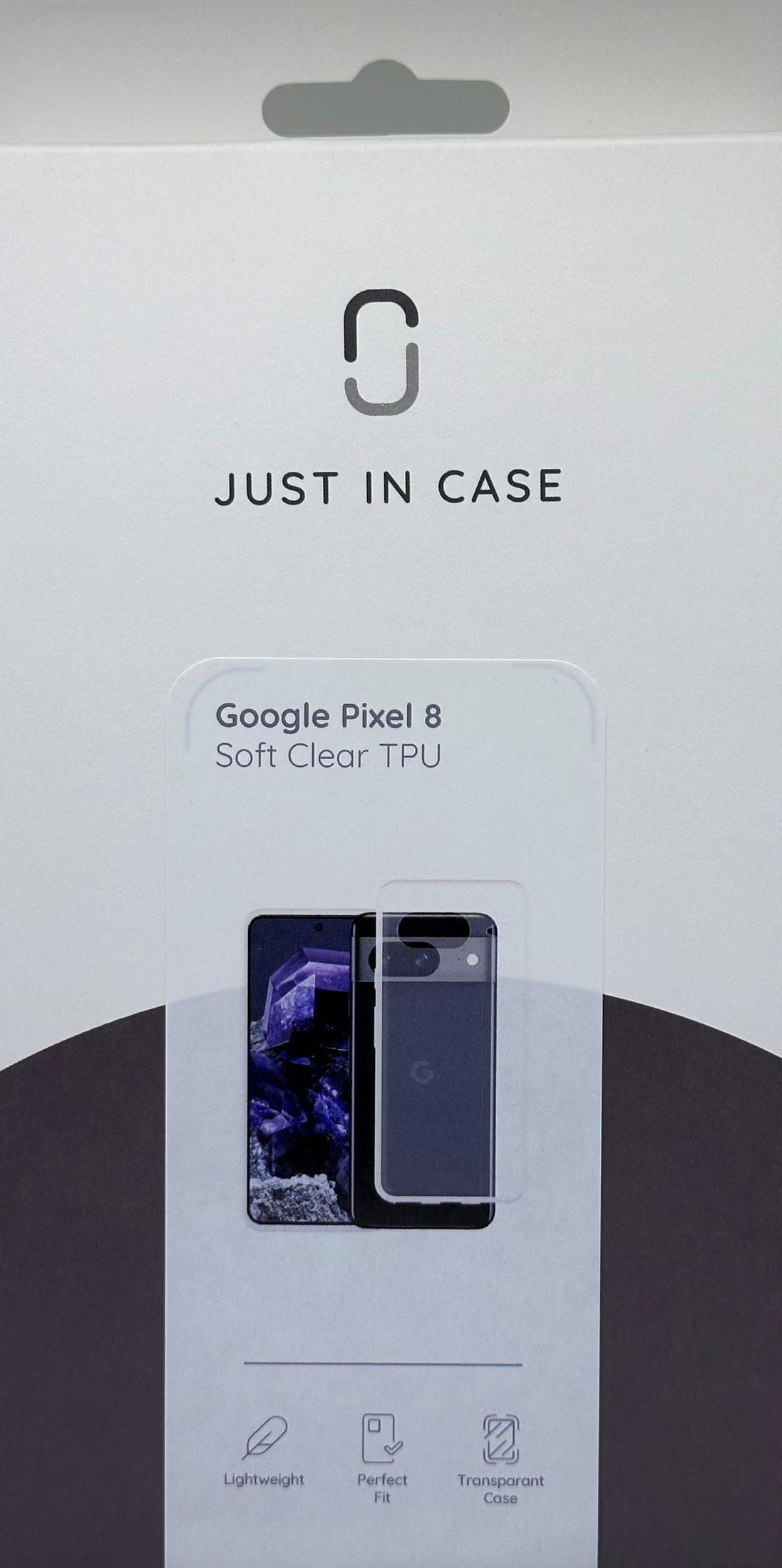Verpackung für Google Pixel 8 Soft Clear TPU Hülle mit Handy-Abbildung.