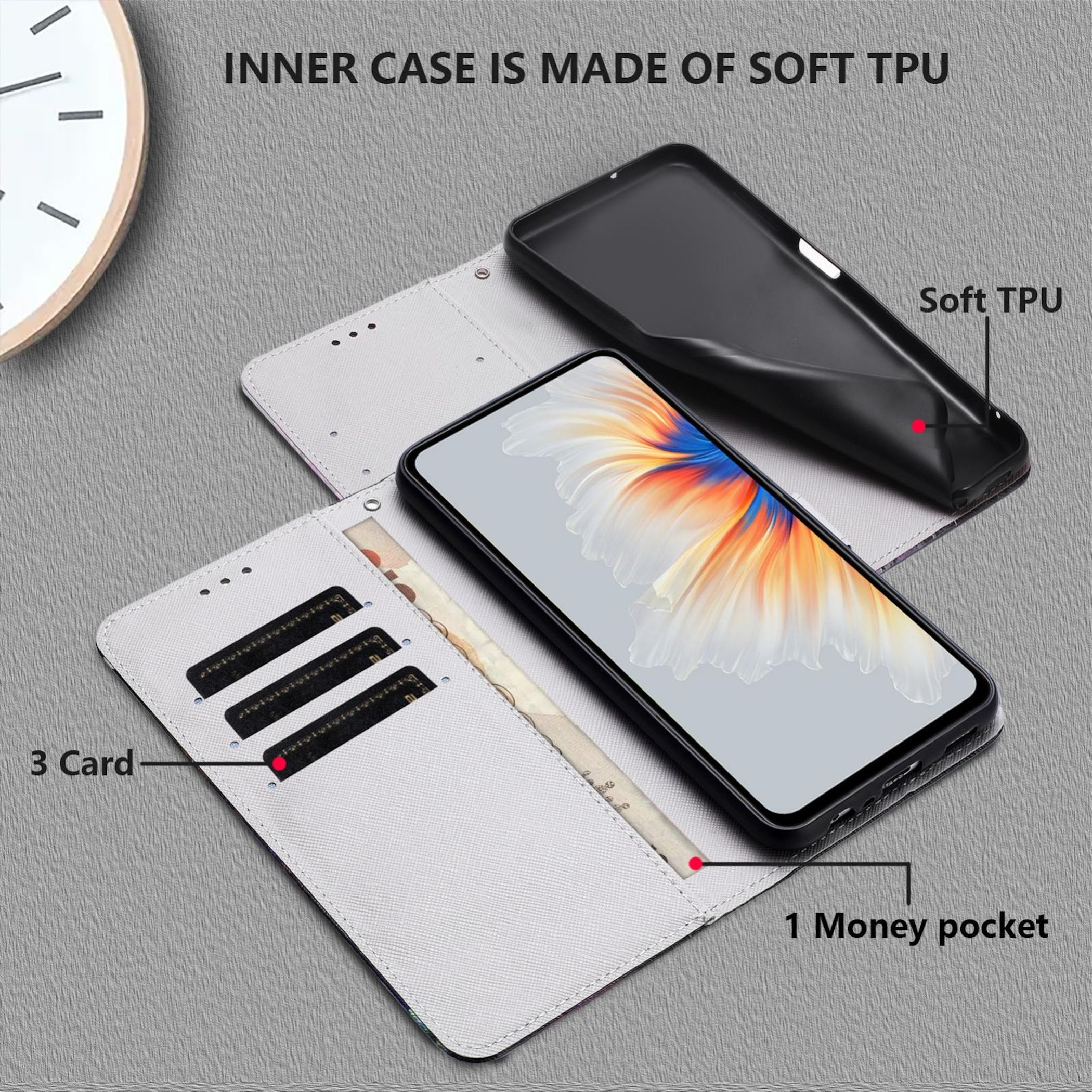 Ein Smartphone in einer weißen Brieftaschenhülle mit Karten- und Geldfächern.