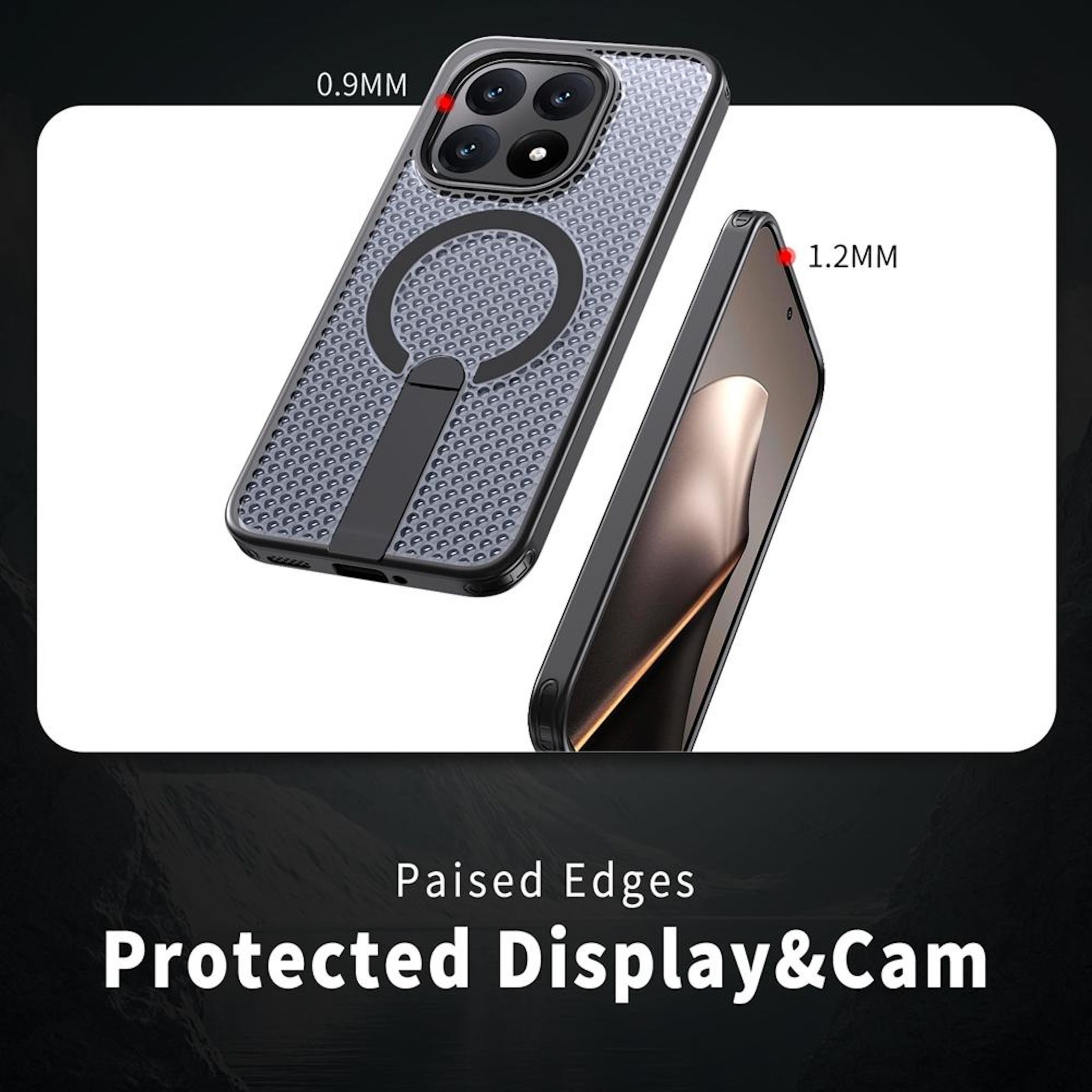 Funda de teléfono con bordes elevados, 0,9mm y 1,2mm, protege pantalla y cámara.