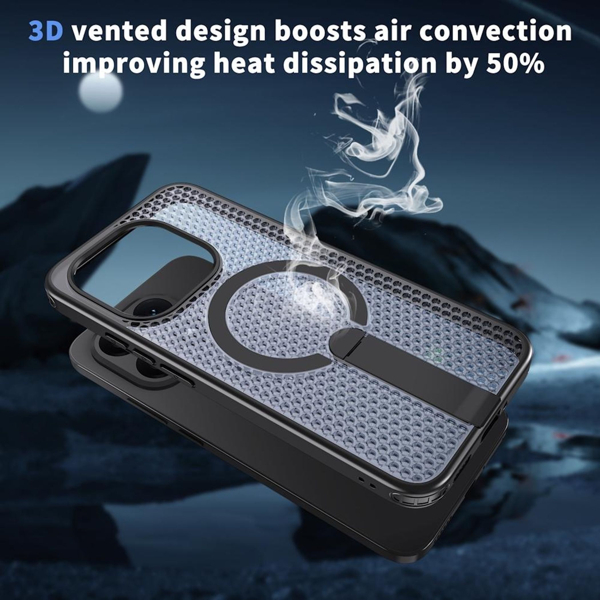 Una funda de teléfono con diseño 3D ventilado y soporte de anillo.