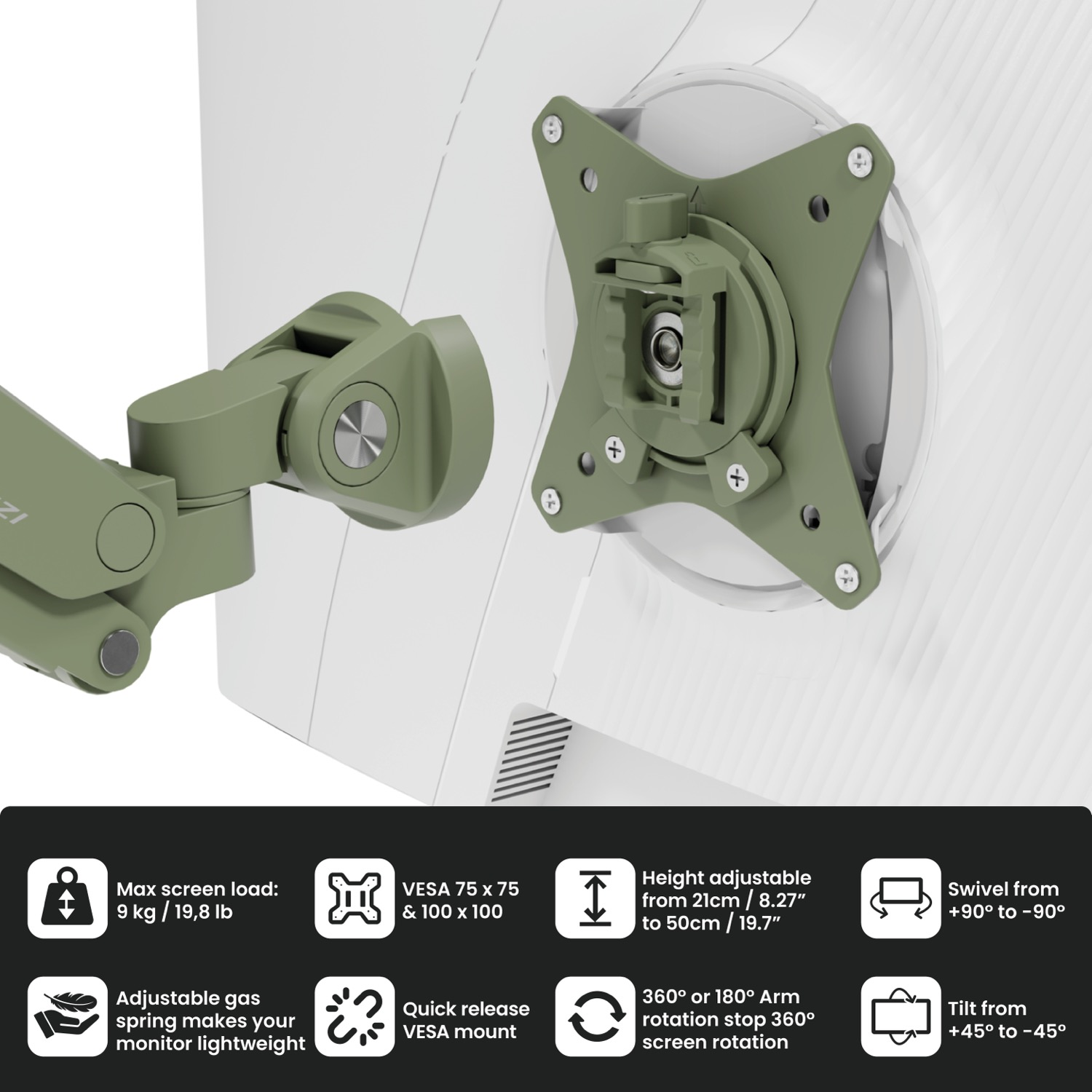 A monitor arm with load, VESA, height, swivel, and tilt adjustment options.