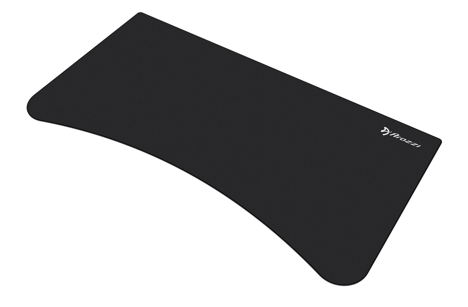 Zwarte muismat met gebogen rand en wit logo.