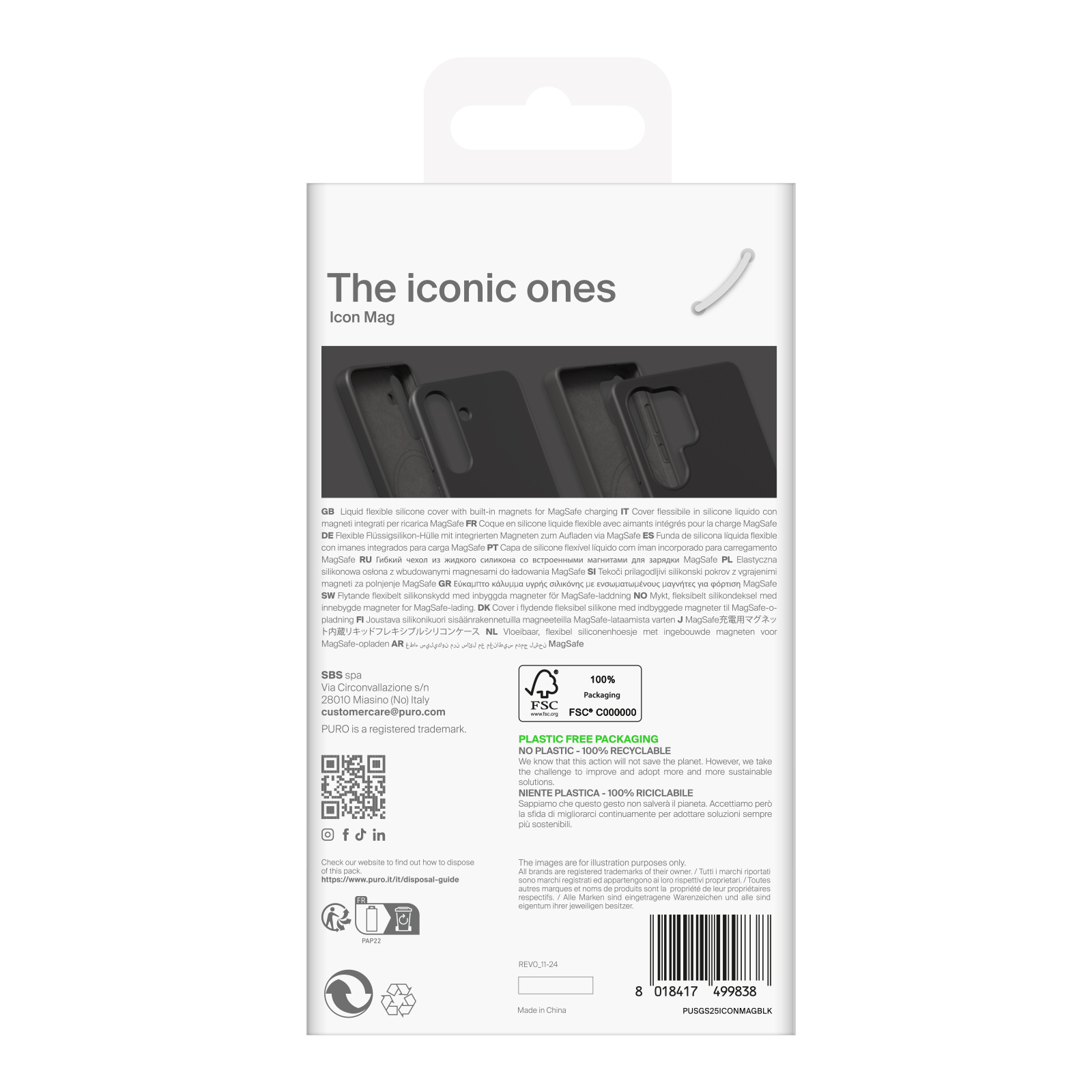 Confezione per cover nera iPhone con logo MagSafe e info prodotto.