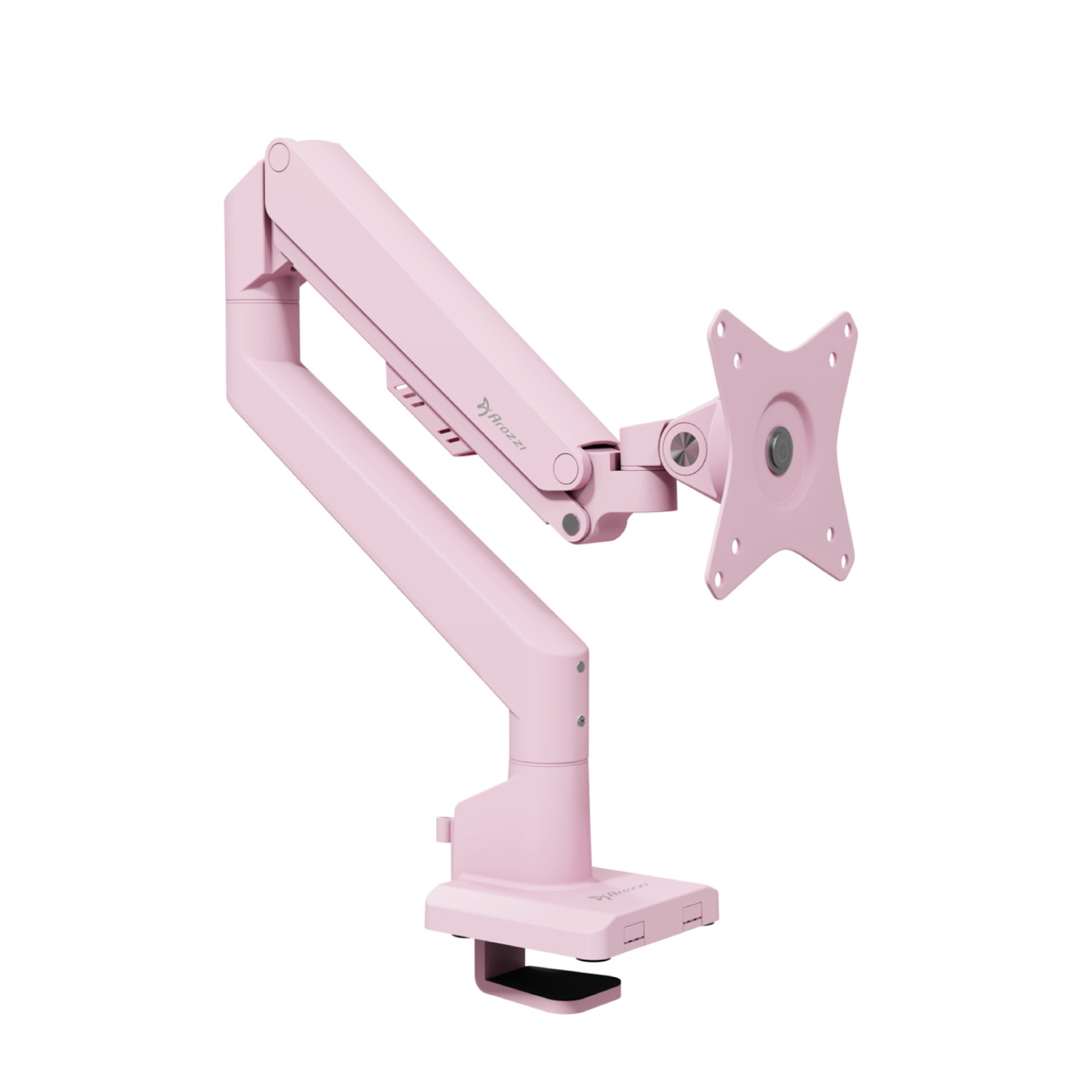 A pink monitor arm with a clamp base and VESA mount stands on a white background.