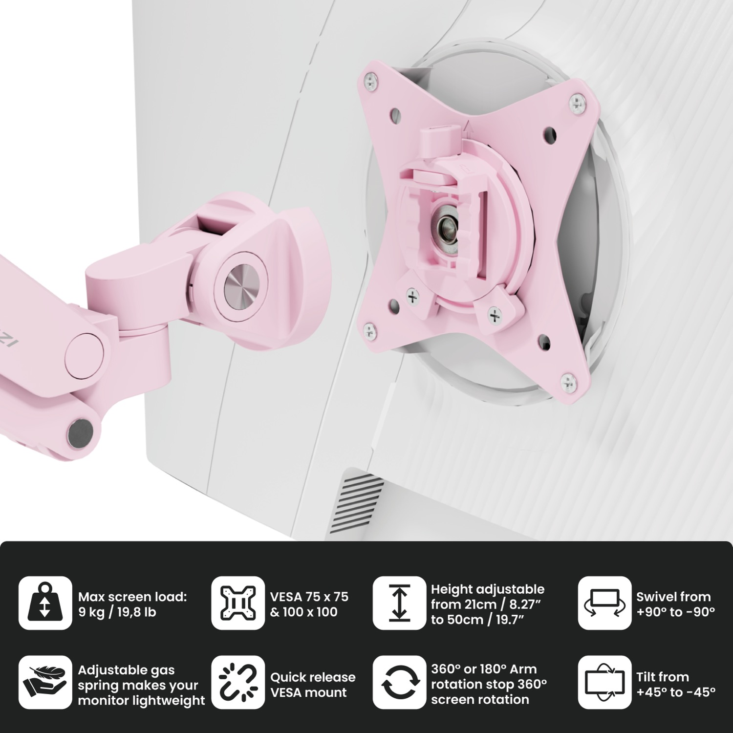 A pink monitor arm with VESA mount and adjustment details shown.