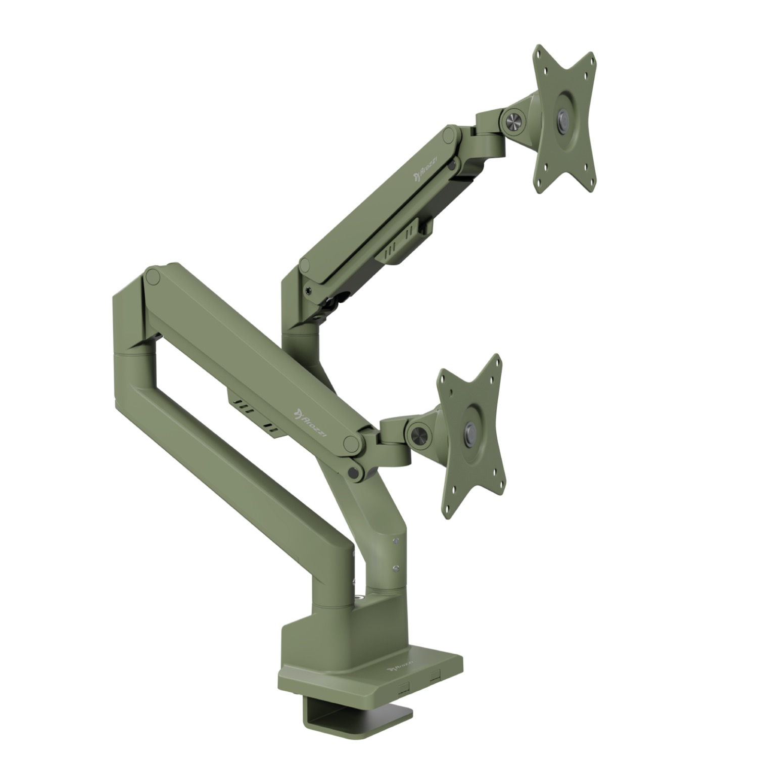 Olive green dual monitor swing arm mount on a white background.
