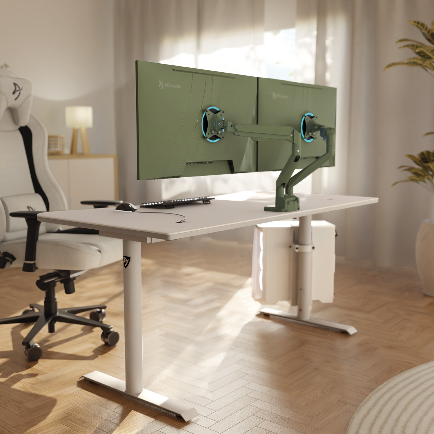 A desk with two green monitors, a white gaming chair, and a PC case.