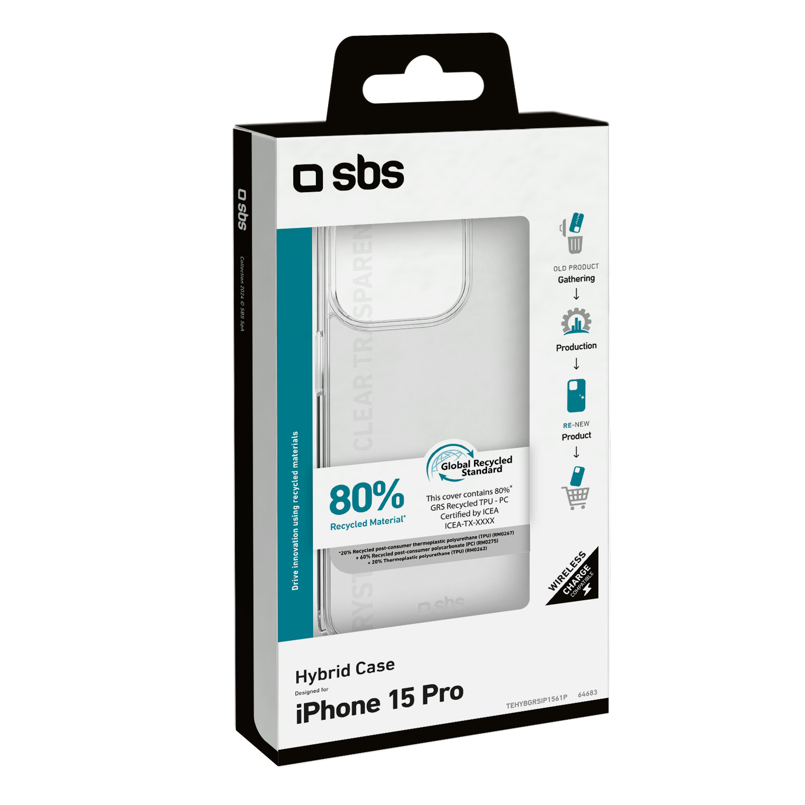 Embalaje de funda transparente para iPhone 15 Pro, con 80% de material reciclado.