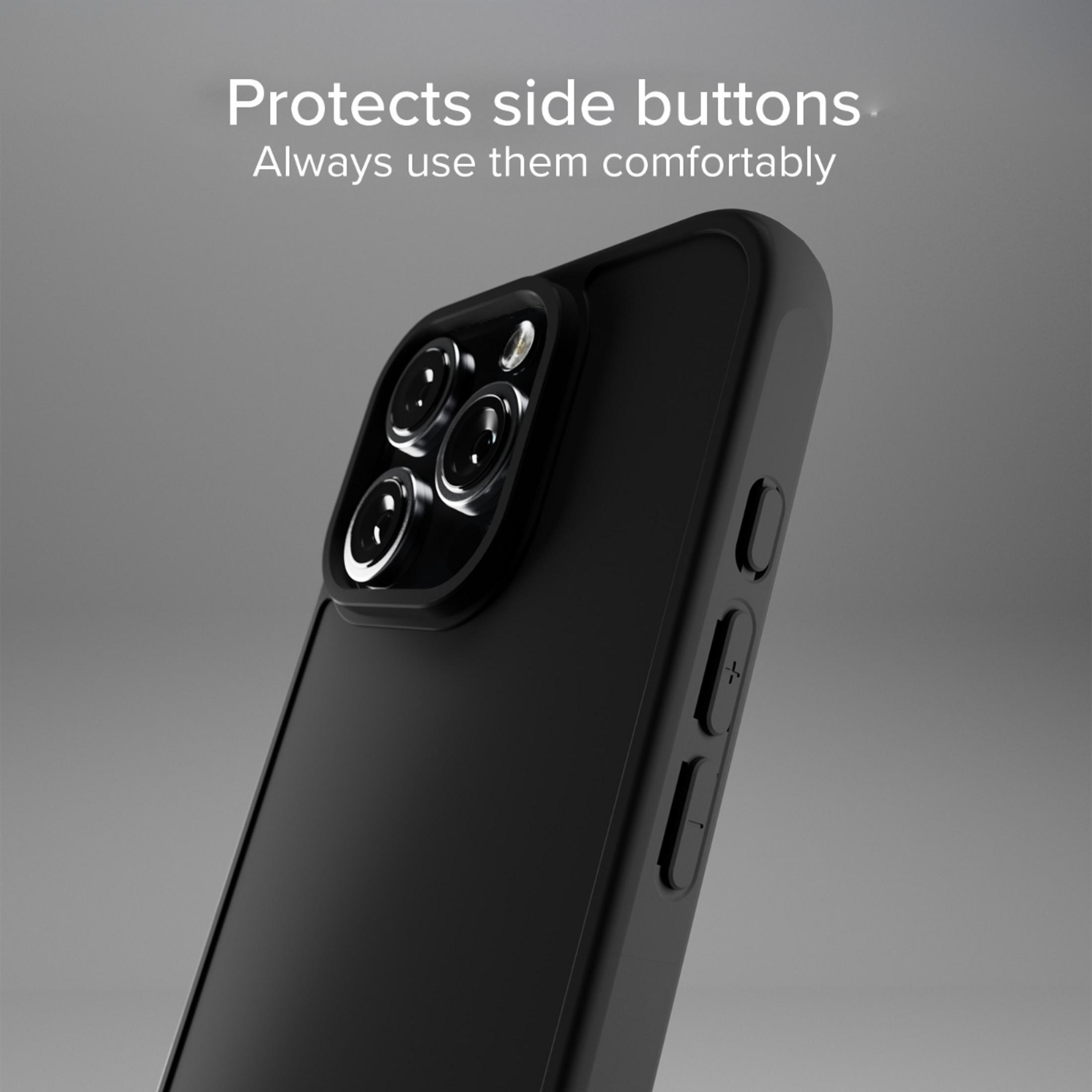 Funda de teléfono negra con lentes de cámara y botones laterales, sobre fondo gris.