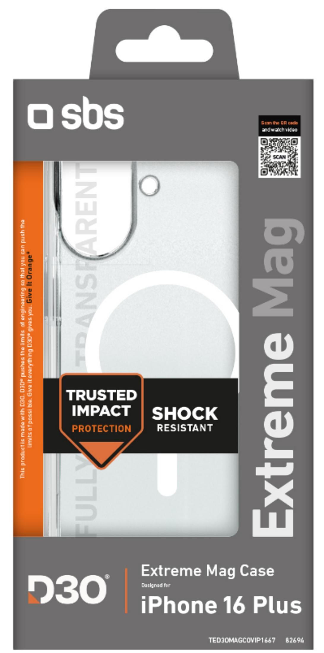 Funda SBS Extreme Mag para iPhone 16 Plus, transparente, con protección D30.