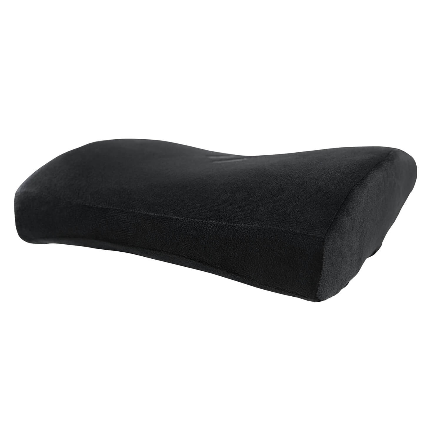 Un cuscino nero per il collo dalla forma ergonomica su sfondo bianco.