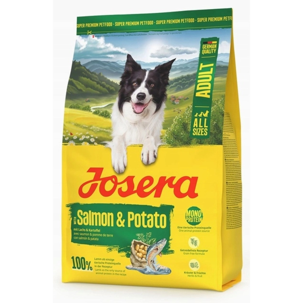 Torba karmy dla psów łosoś i ziemniaki, border collie, górski krajobraz.