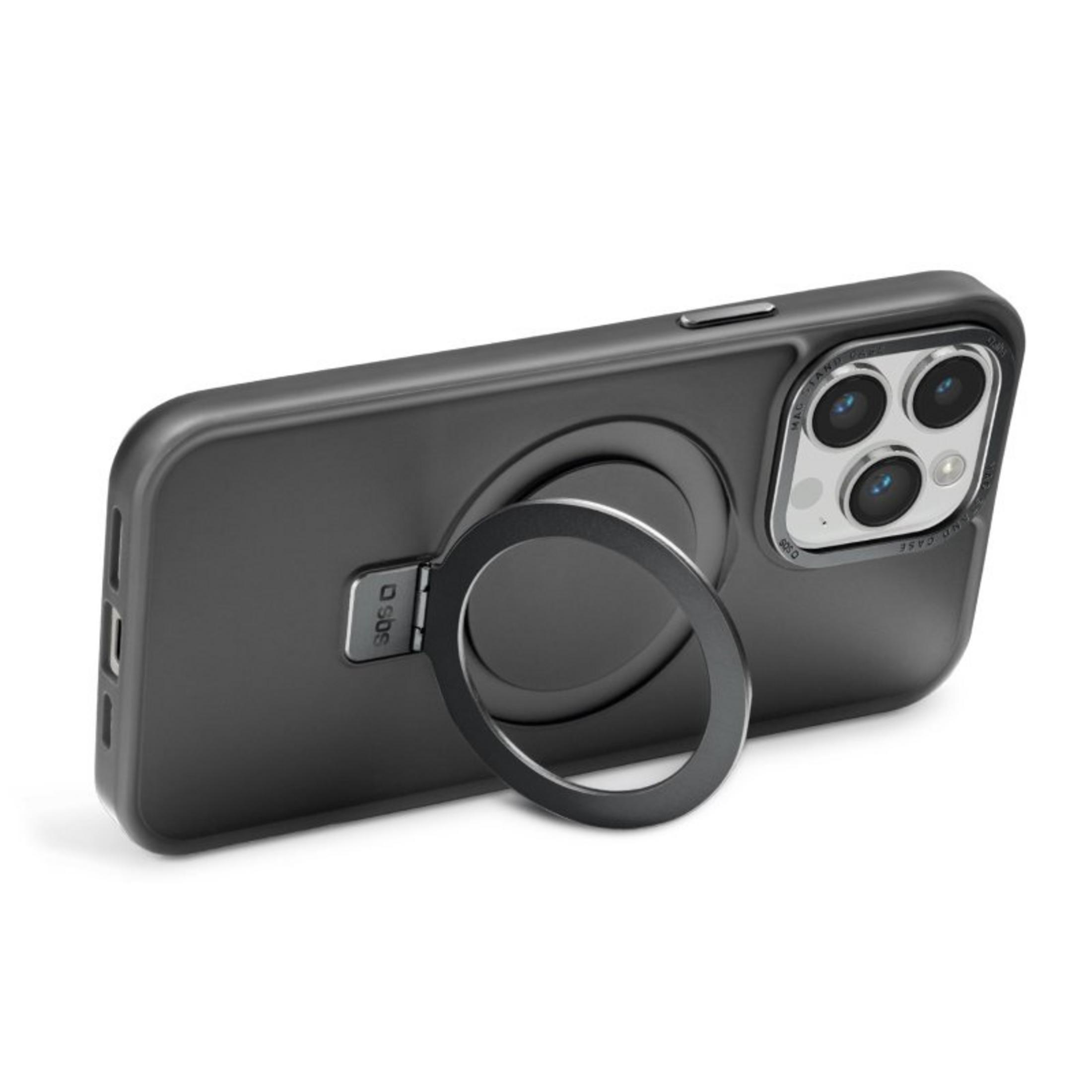 Funda de teléfono gris oscuro con soporte de anillo y protección.