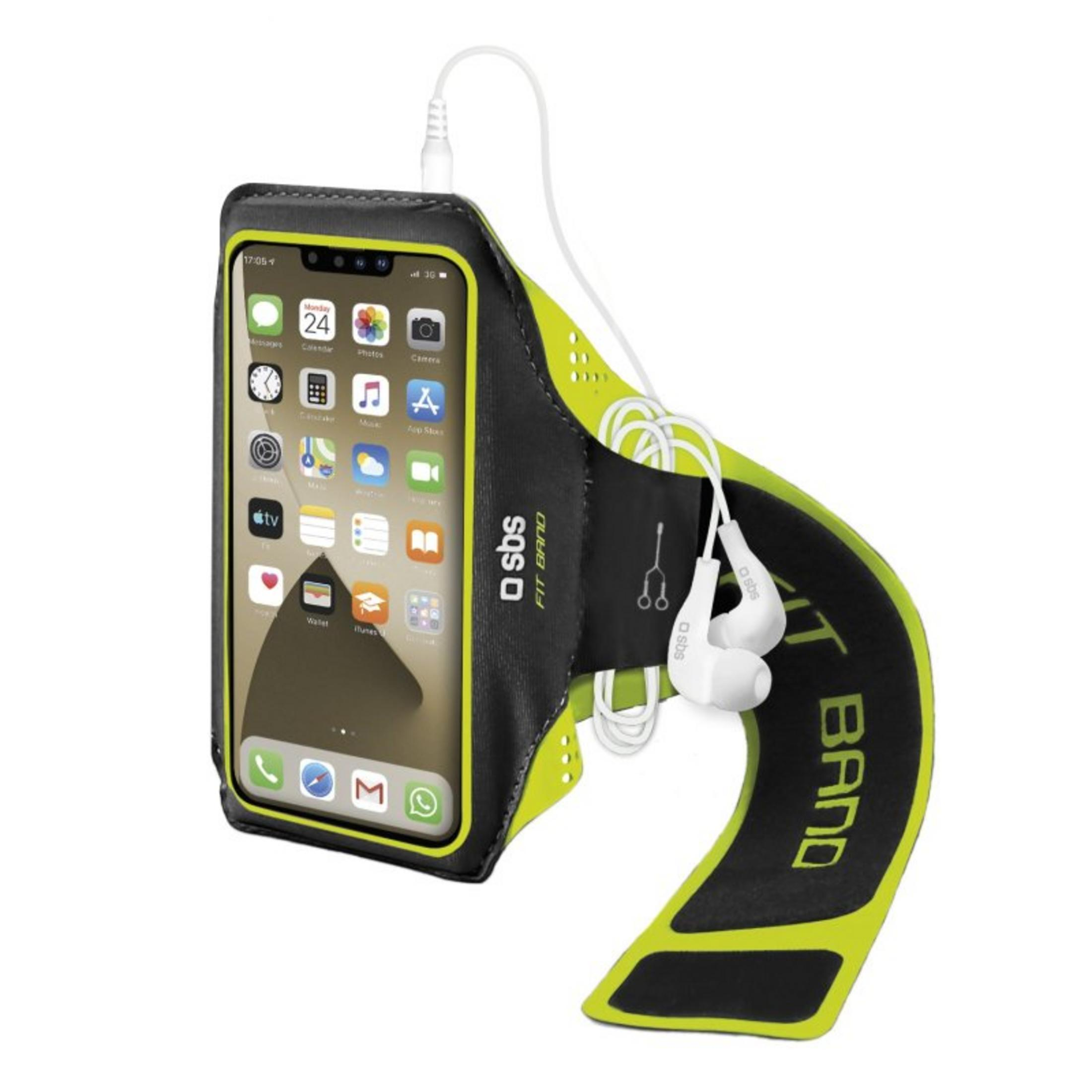 Un smartphone en una brazalete deportivo verde neón y negro con auriculares.
