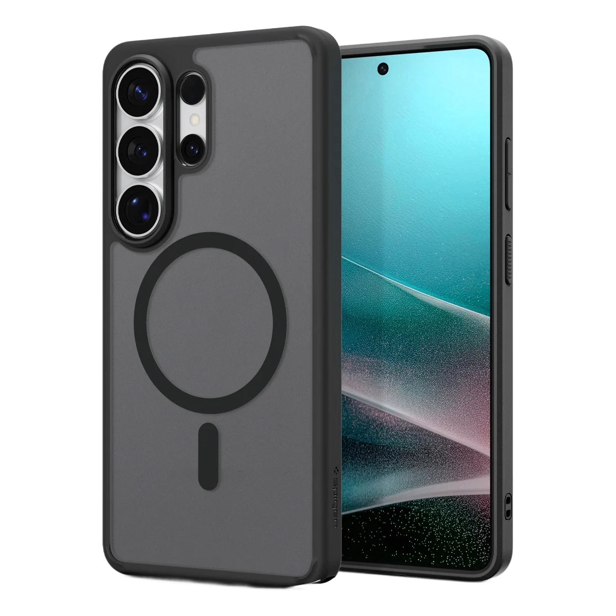 Une coque de téléphone noire avec trois caméras et un anneau magnétique à côté d'un smartphone.