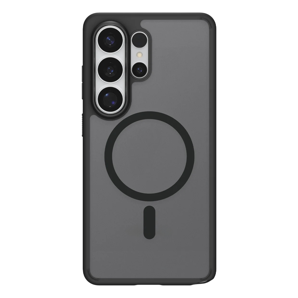 Coque de téléphone grise avec module caméra et anneau magnétique.