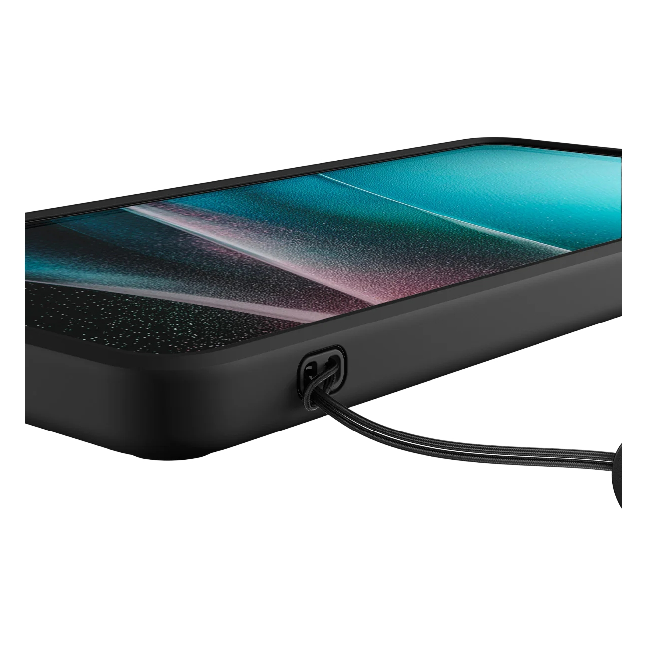 Een zwarte smartphone met een abstracte kleurrijke achtergrond en een zwart koord.