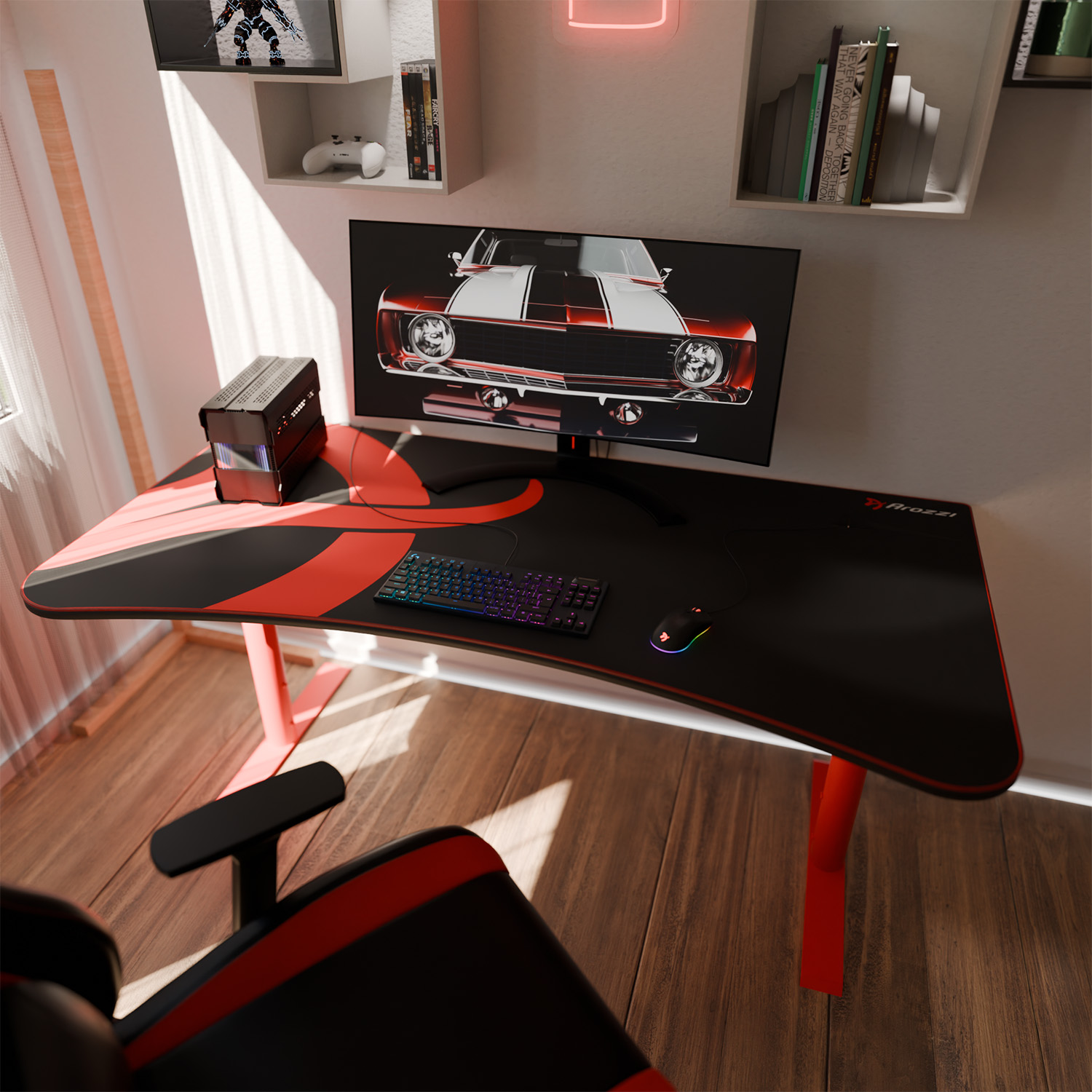Biurko gamingowe z czerwonym samochodem na monitorze, klawiaturą, myszką i obudową PC.