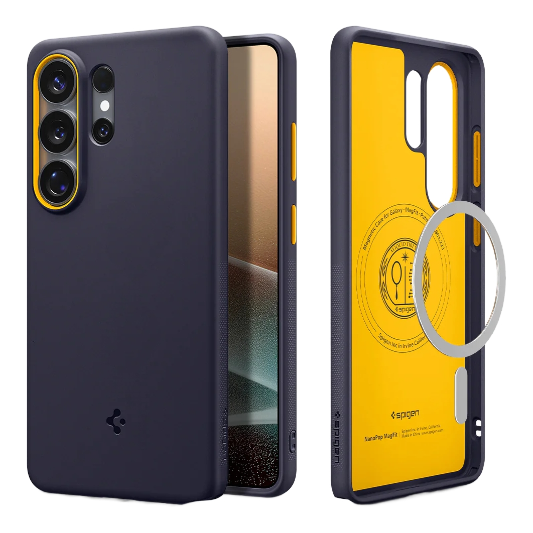Donkerblauwe telefoonhoes, gele binnenkant, camera-uitsparing en MagFit-ring.