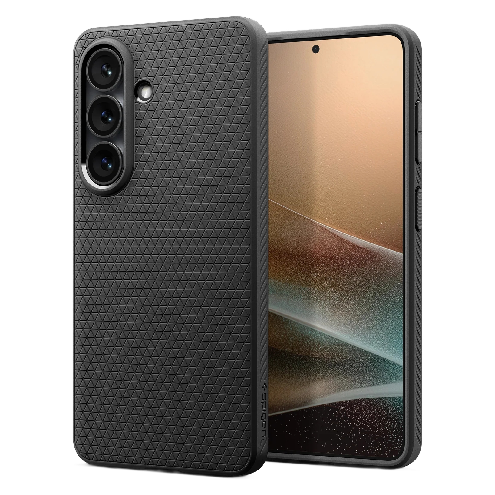 Coque de téléphone noire à motif texturé et découpe caméra, à côté d'un smartphone.