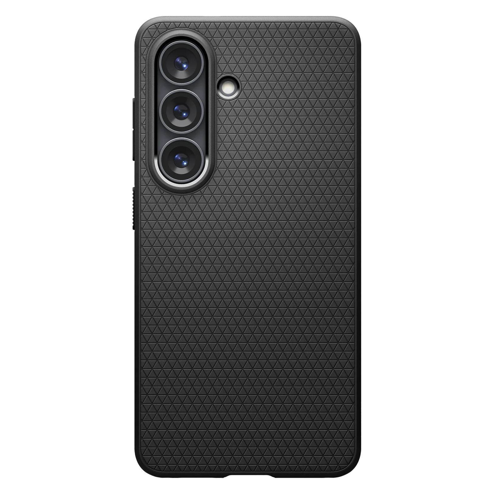 Coque de téléphone noire avec triple objectif et motif triangulaire.