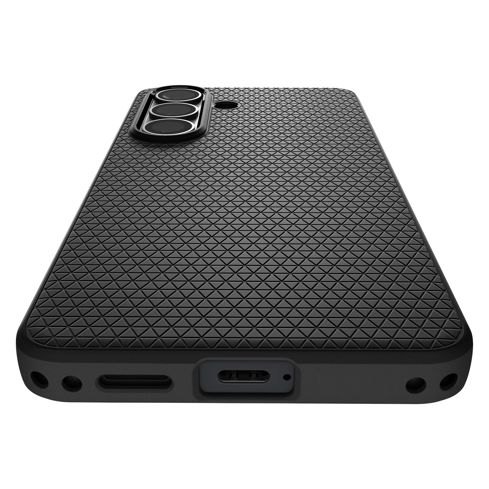 Coque de téléphone noire avec triple objectif et motif triangulaire.
