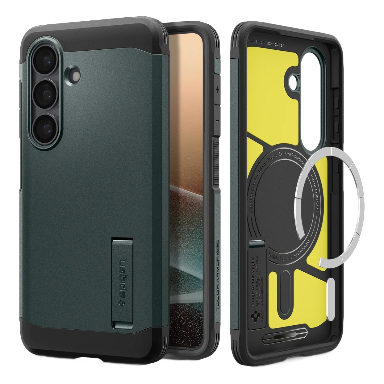 Drie telefoonhoesjes. Eén groene met camera, één met magneetring en gele binnenkant.