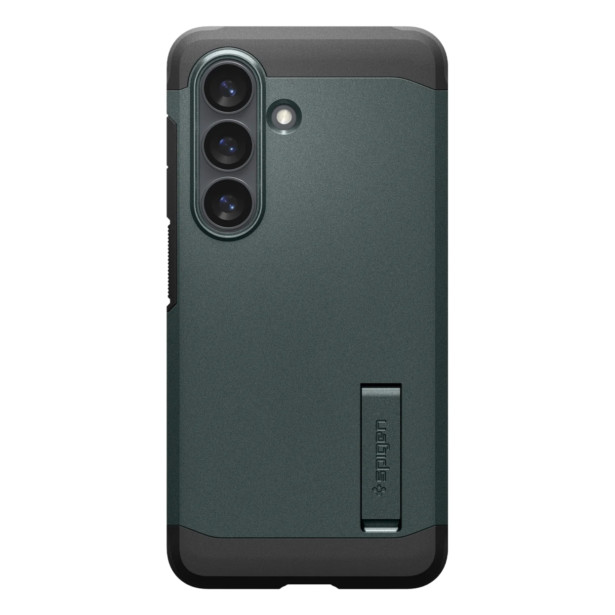 Donkergroene telefoonhoes met drie cameralenzen en een standaard.
