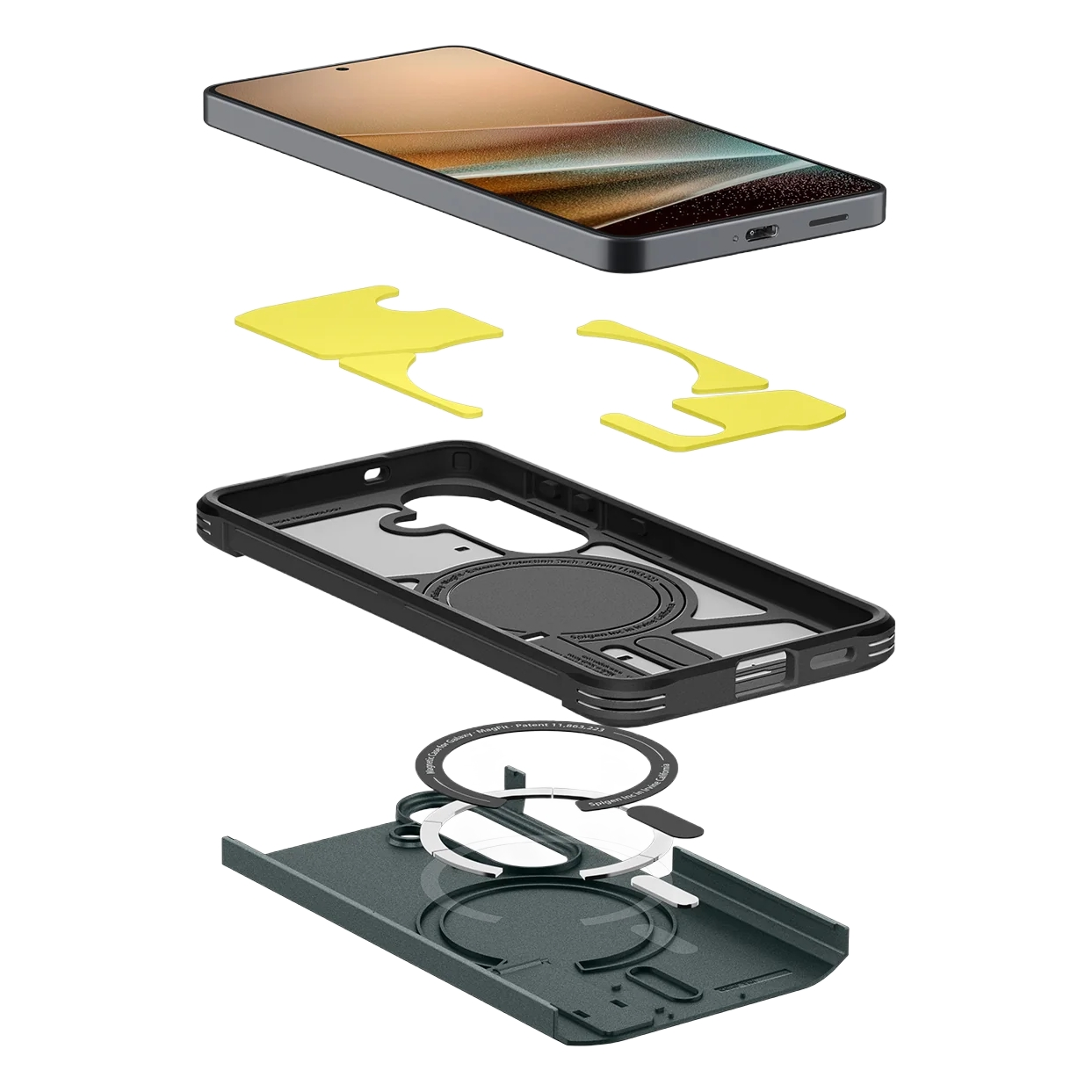 Een smartphone met een zwart hoesje, gele gereedschappen en magneetringen.