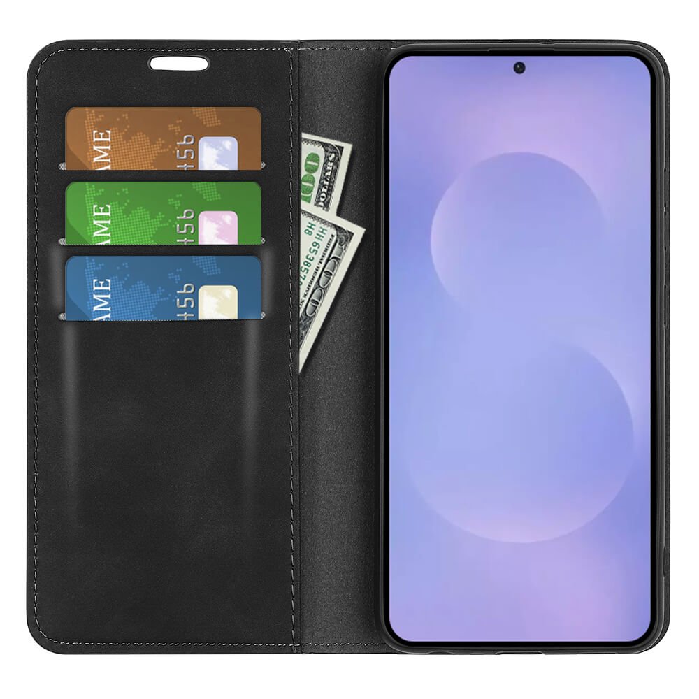 Custodia nera per telefono con slot per carte e banconote, schermo smartphone visibile.