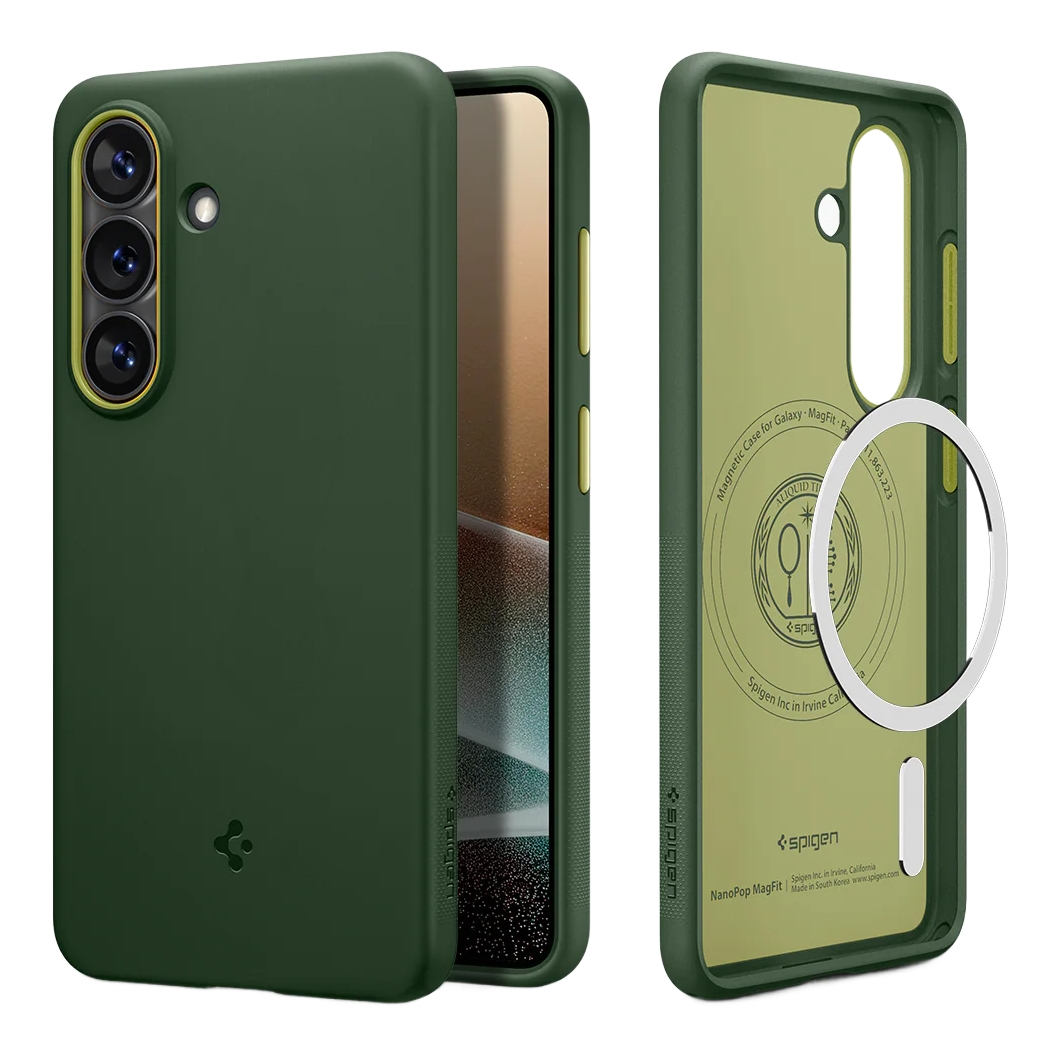 Donkergroene telefoonhoes, voor- en achterkant zichtbaar. Magneetring aan de achterkant.