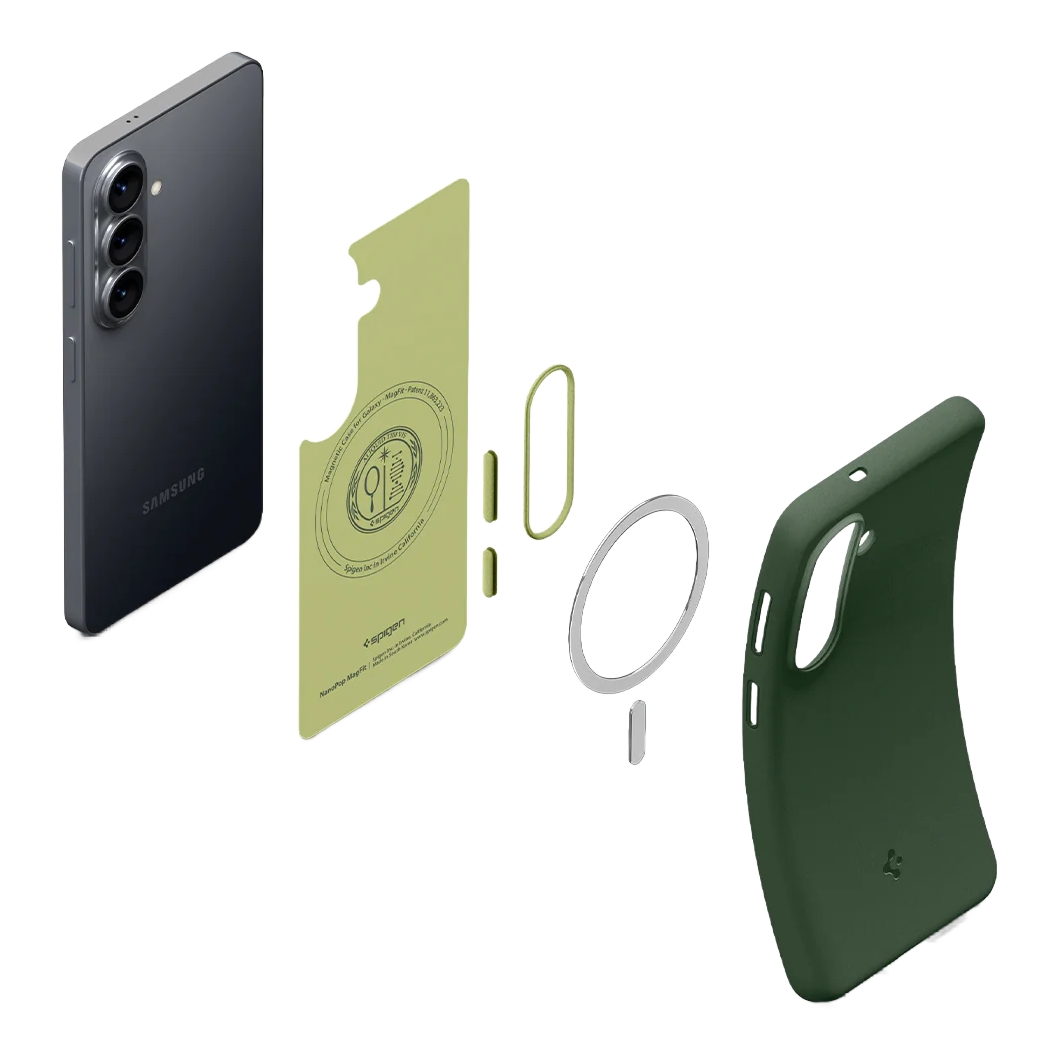 Samsung smartphone met losse onderdelen voor beschermhoes, Spigen logo.