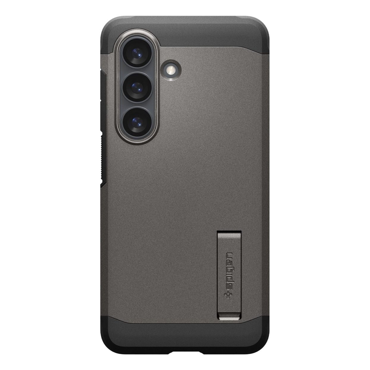 Grijze telefoonhoes met drie camera's en een standaard.
