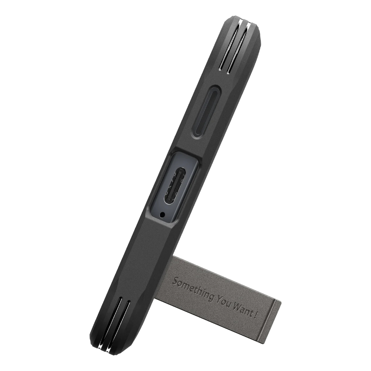 Donkergrijze telefoonhoes met ingebouwde standaard, close-up.