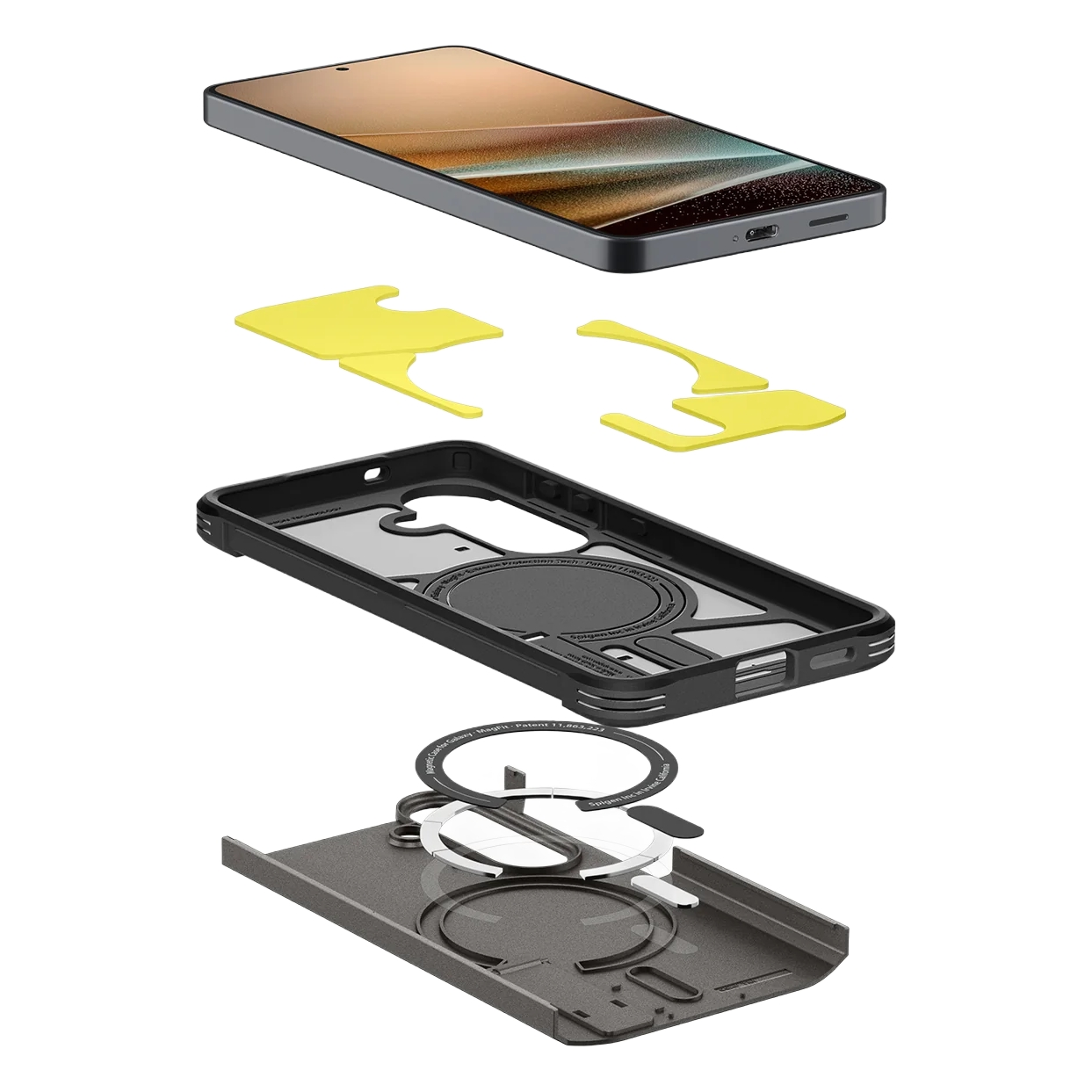 Een smartphone, gele inzetstukken, een zwart telefoonhoesje en een MagSafe-houder.