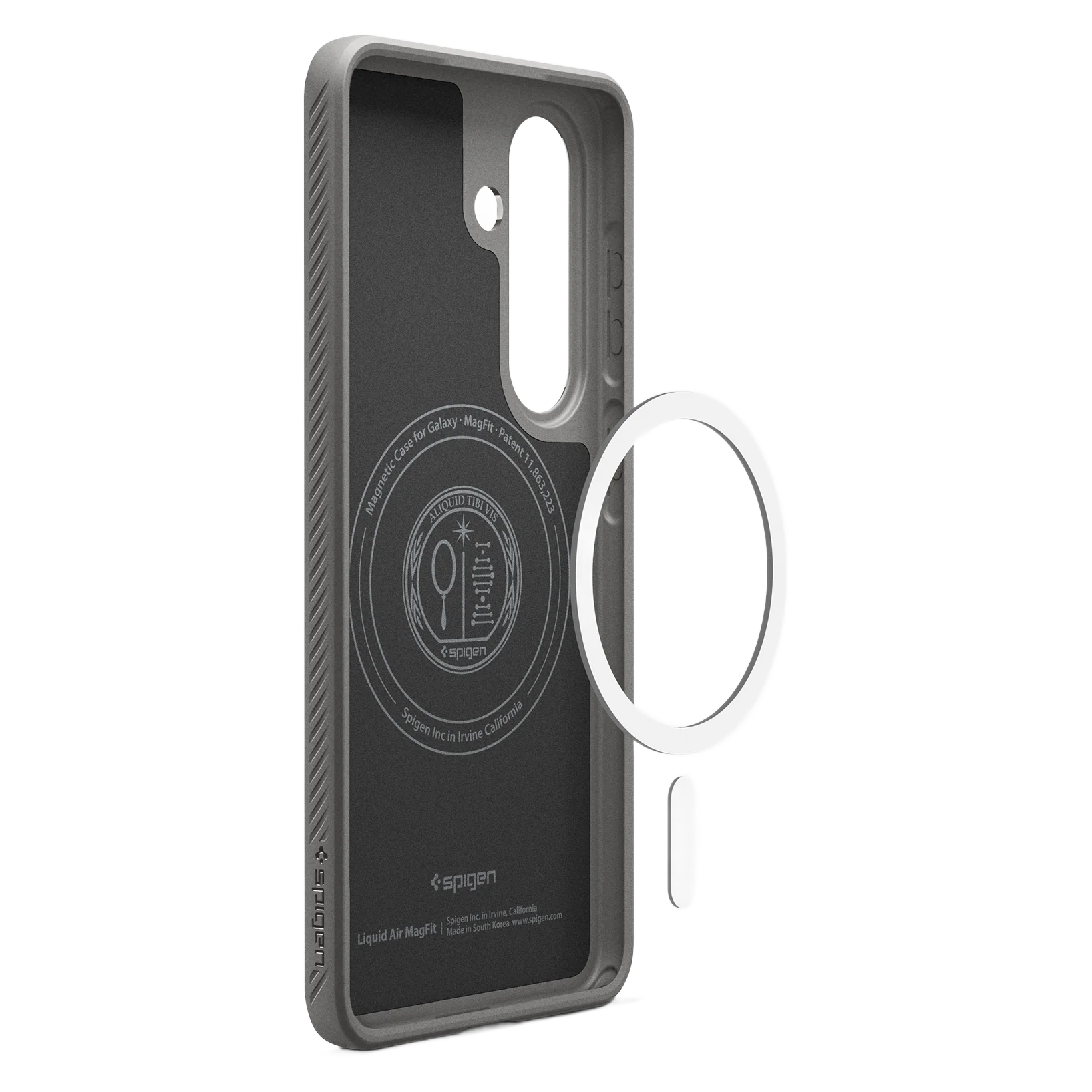 Coque grise pour Samsung Galaxy avec anneau MagFit et logo Spigen.