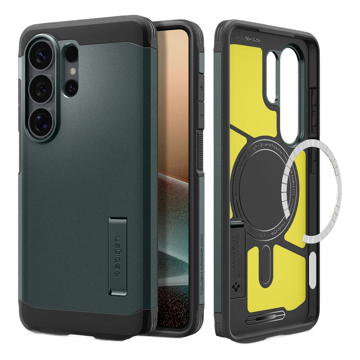 Donkergroene telefoonhoes met standaard en magneetring, voor- en achterkant.