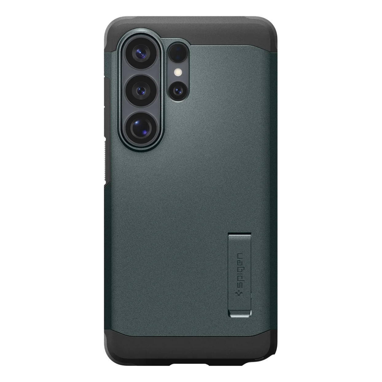 Donkergroene telefoonhoes met ingebouwde standaard en cameramodule.