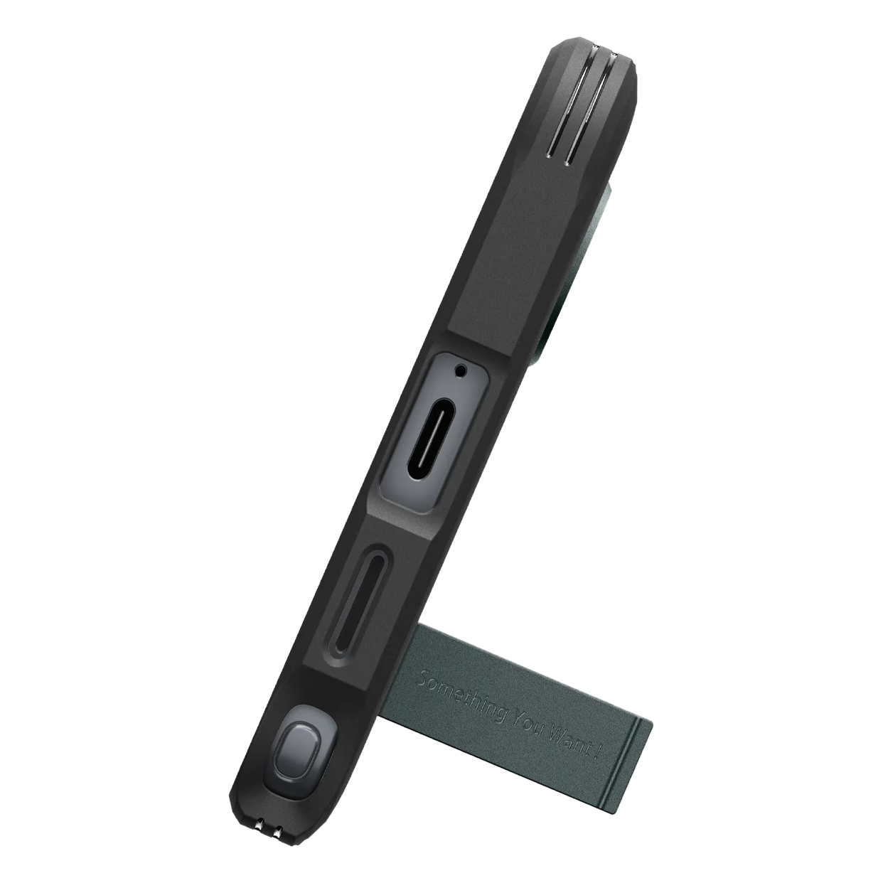 Zwarte telefoonhoes met ingebouwde standaard en oplaadpoort.