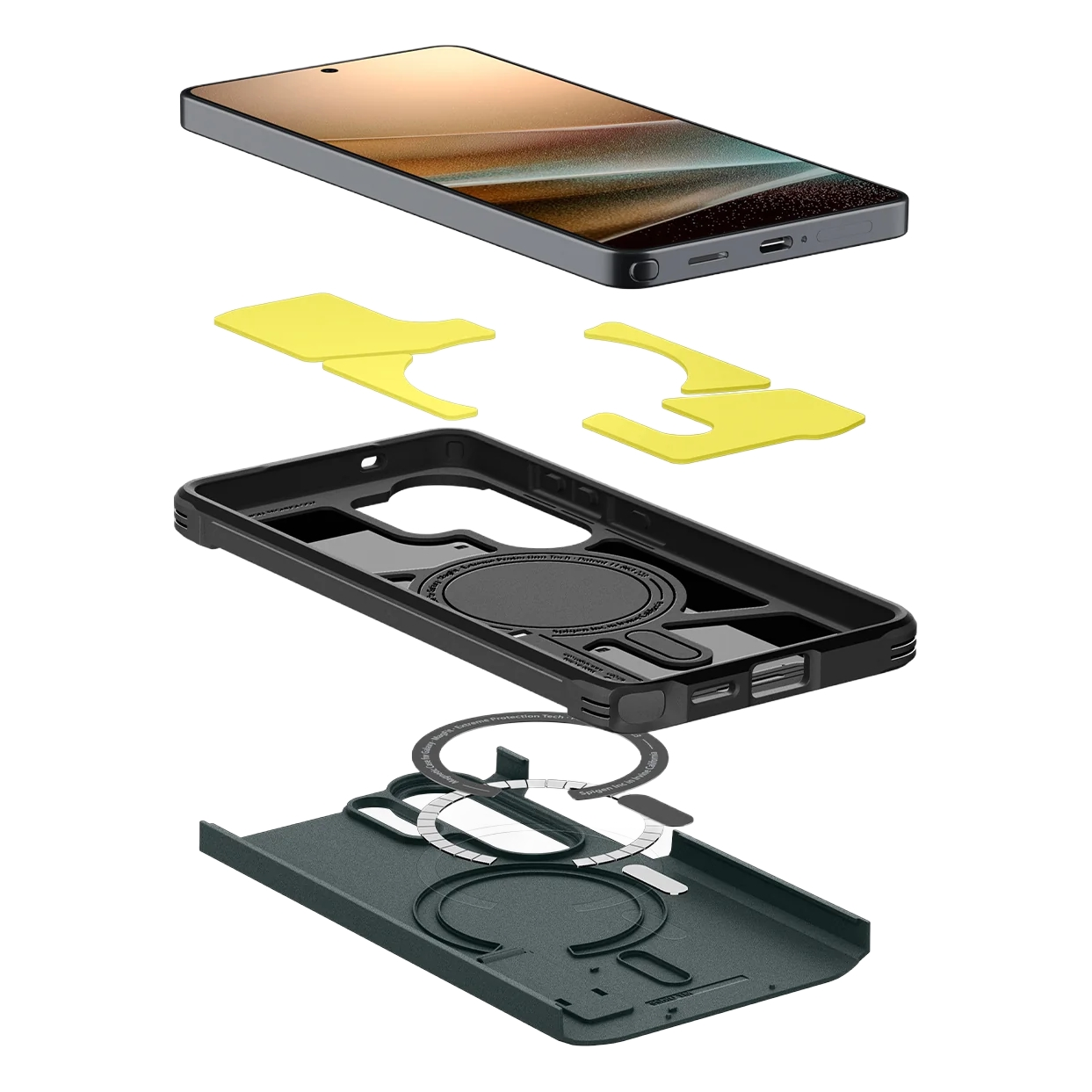 Exploded view van een telefoonhoesjesset met telefoon, frame en ringen.