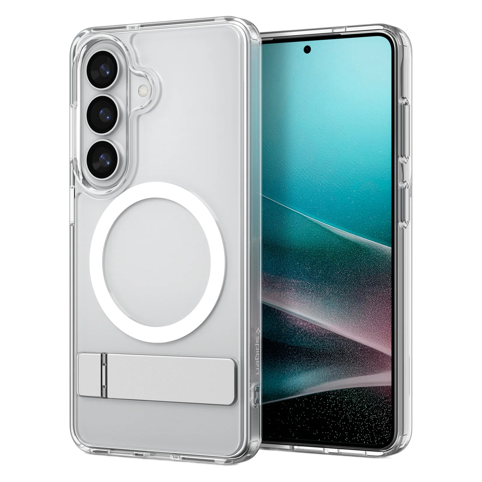 Coque de téléphone transparente avec caméras, anneau et support.