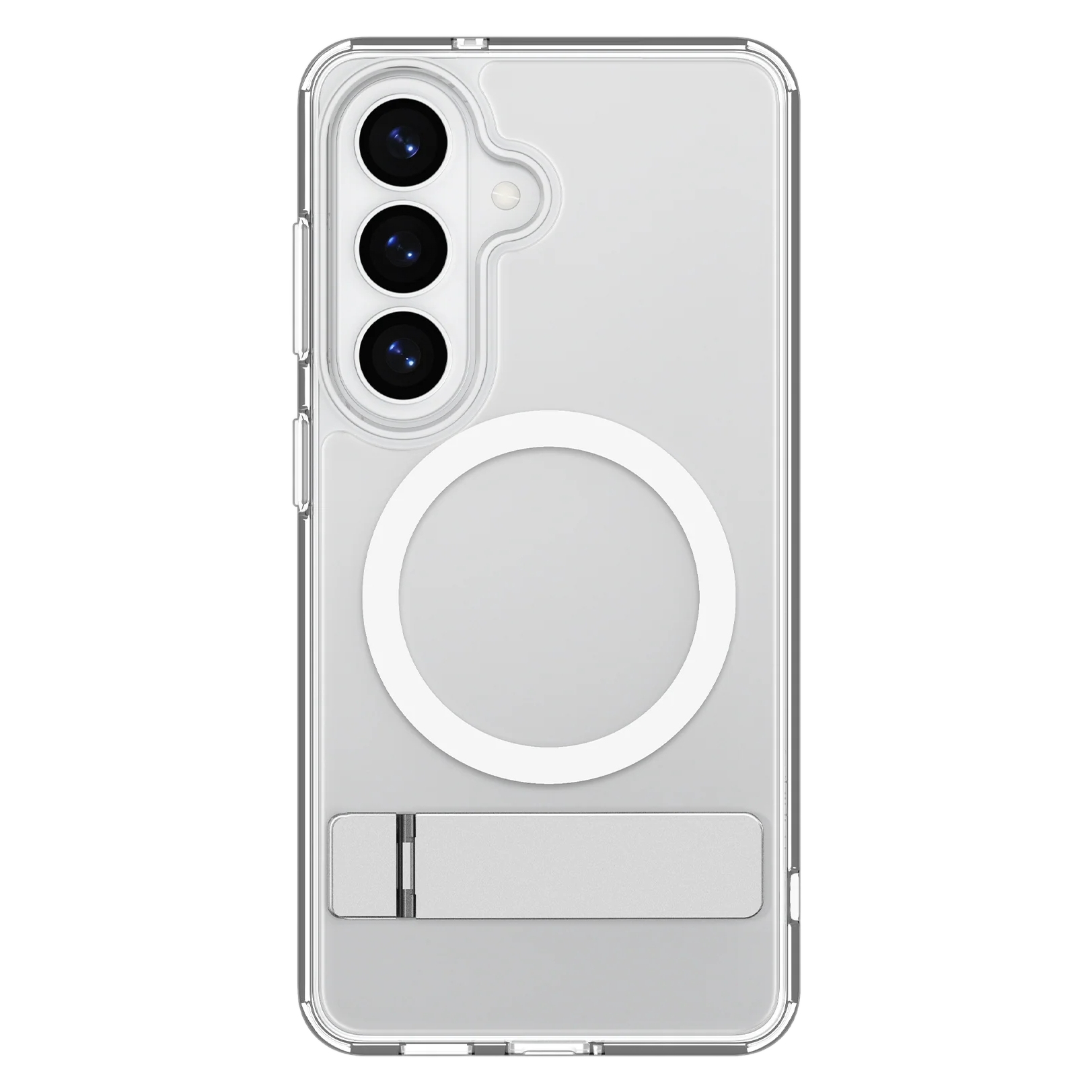 Coque transparente avec trois caméras, cercle blanc et support argenté.