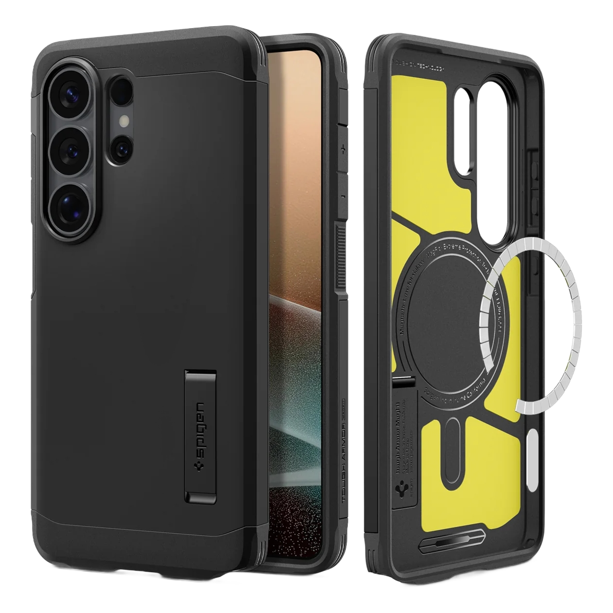 Zwarte telefoonhoes met ingebouwde standaard en magneetring.