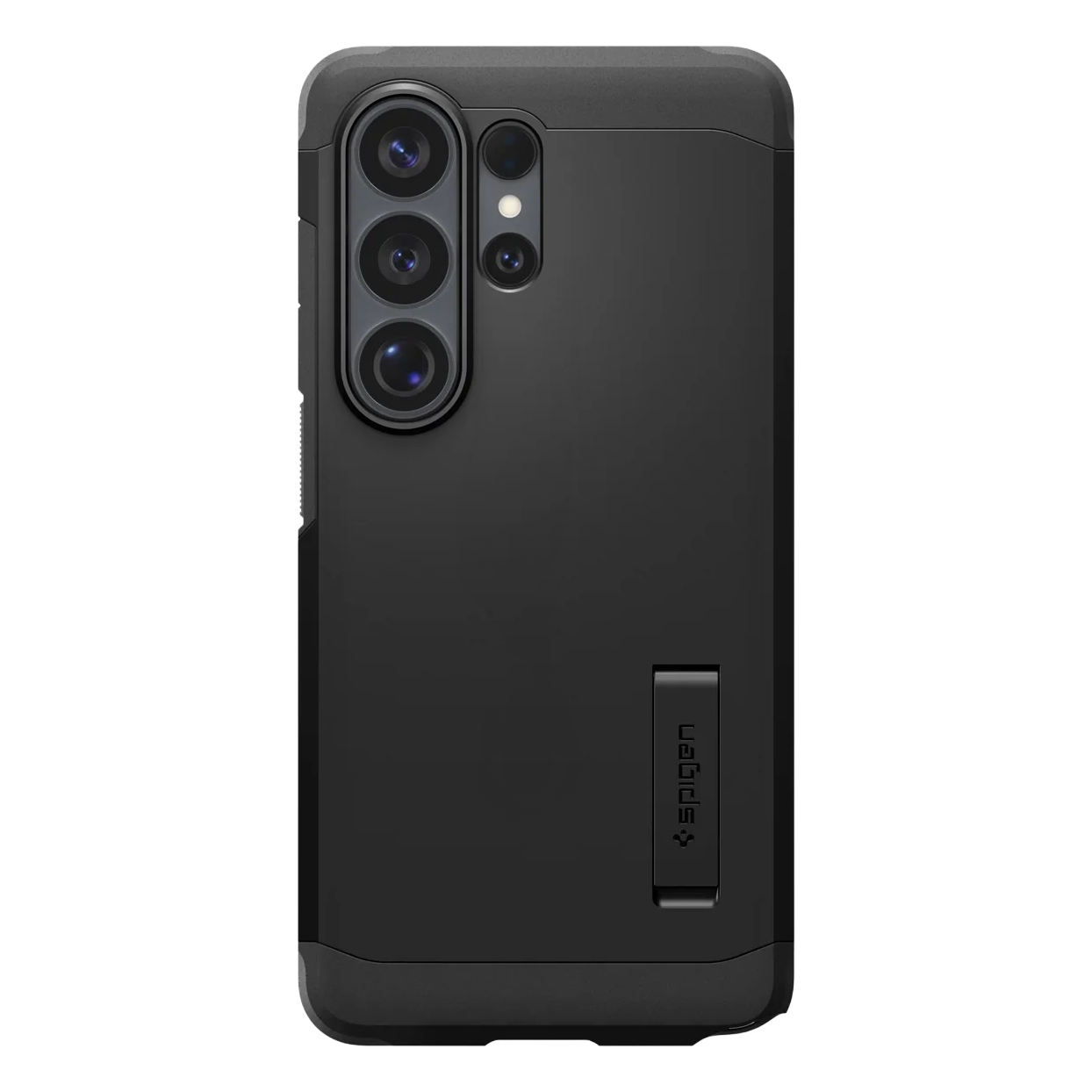 Zwarte telefoonhoes met drievoudige camera en ingebouwde standaard.