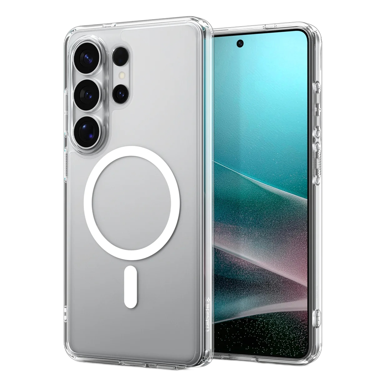 Transparante telefoonhoes met magneetring en drie camera's op witte achtergrond.