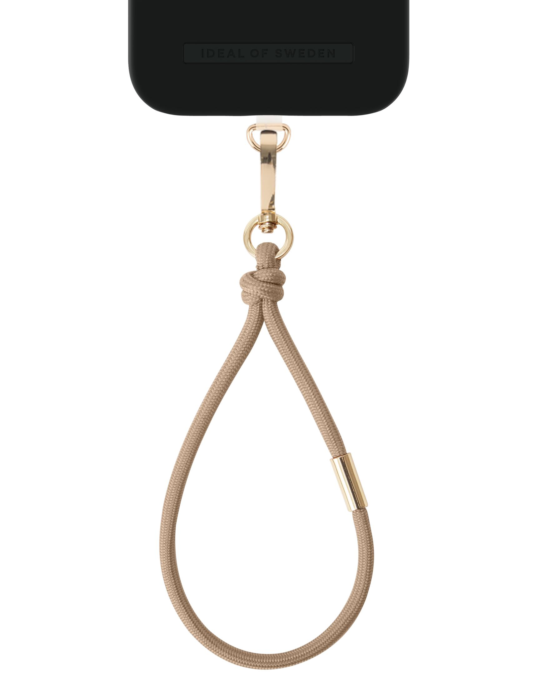 Schwarze Handyhülle mit goldener Kette und beige Schlaufe.