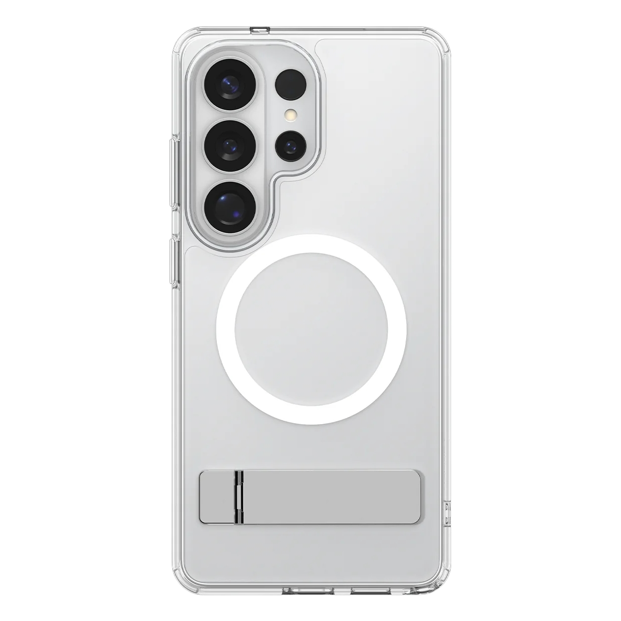 Coque de téléphone transparente avec anneau MagSafe et béquille argentée.