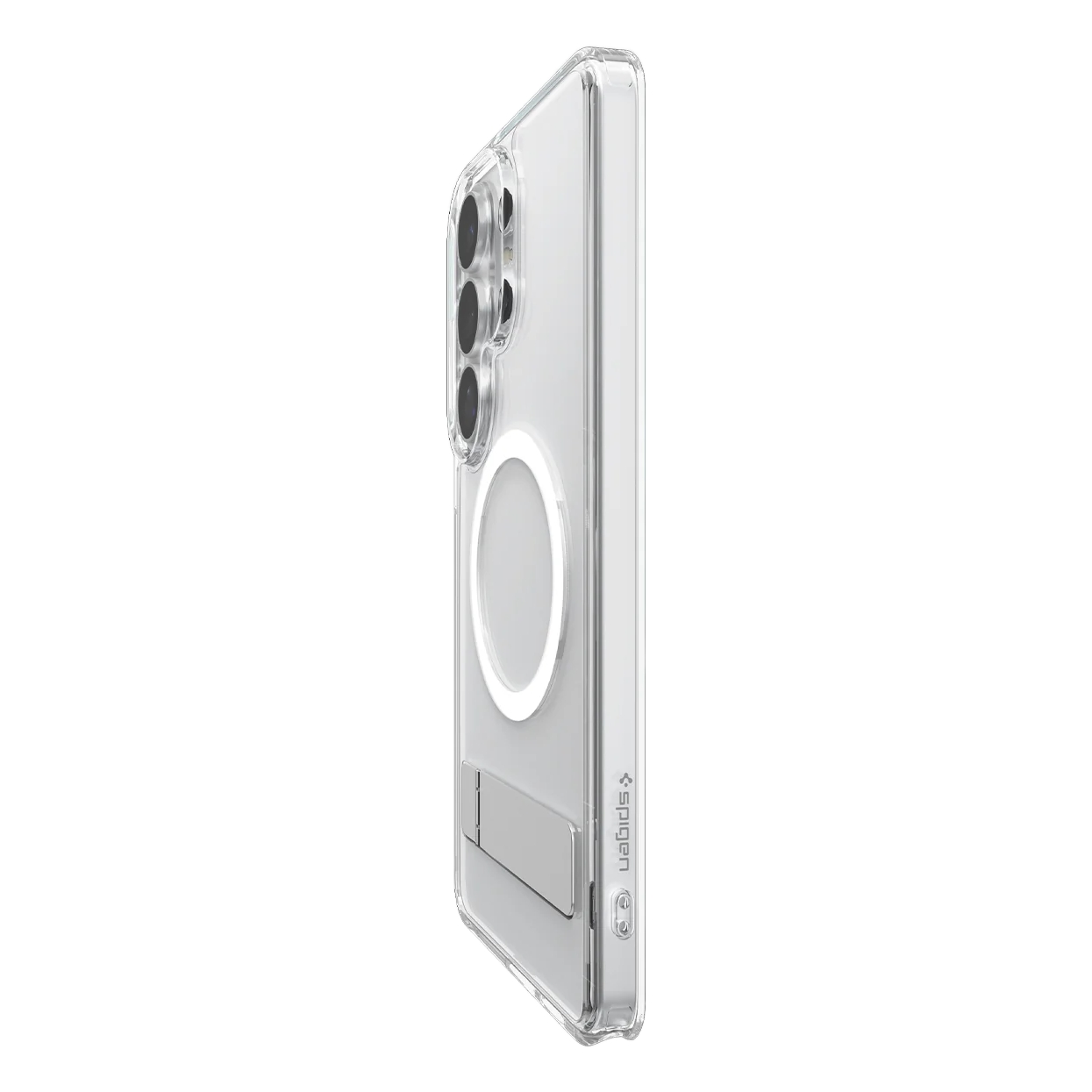 Coque de téléphone transparente avec anneau MagSafe et béquille. Logo Spigen visible.