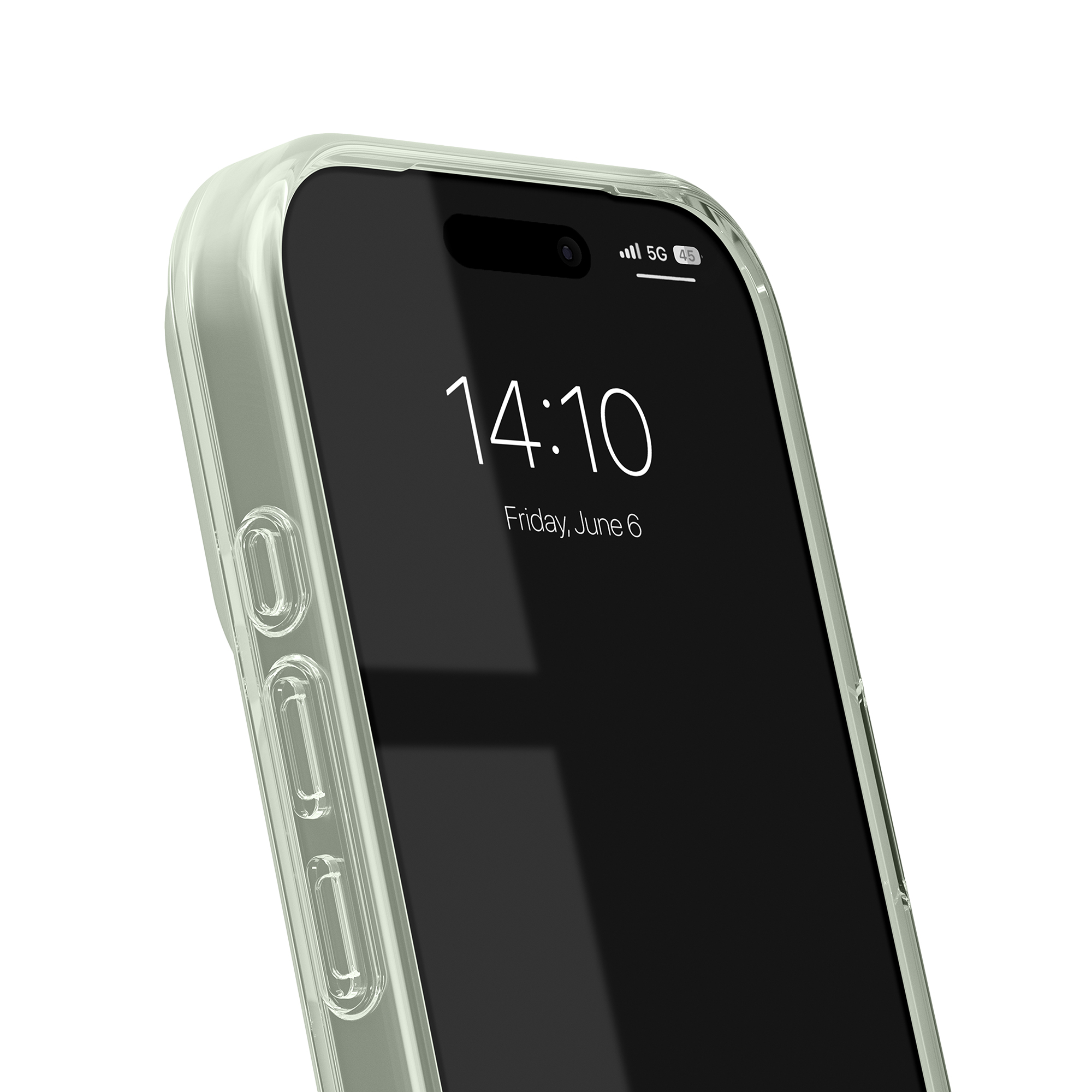 Ein hellgrünes iPhone-Schutzhülle mit Blick auf den Bildschirm und die 5G-Anzeige.