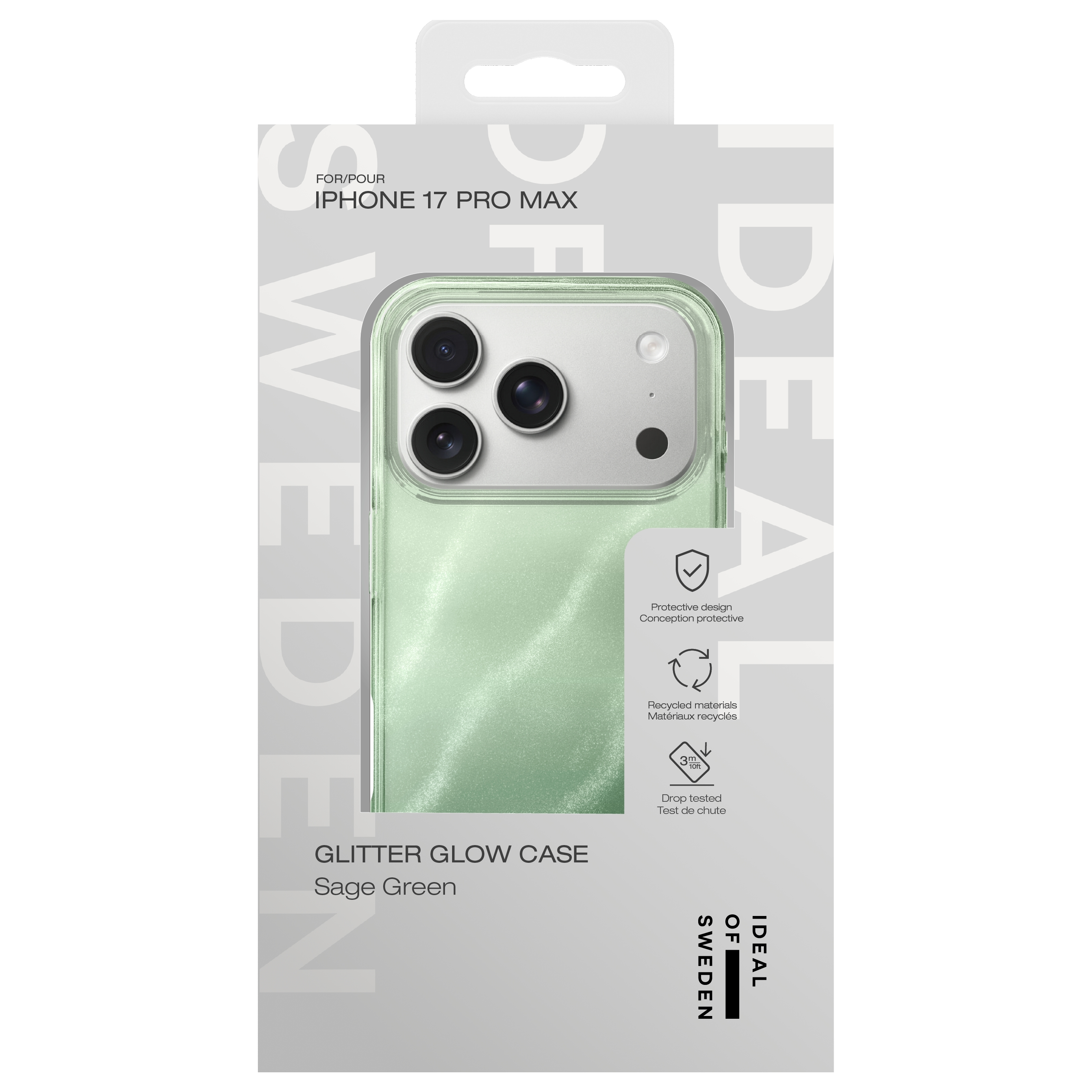 Sagegrüne Hülle für iPhone 17 Pro Max mit Glitzer-Effekt, Schutz und Falltest.
